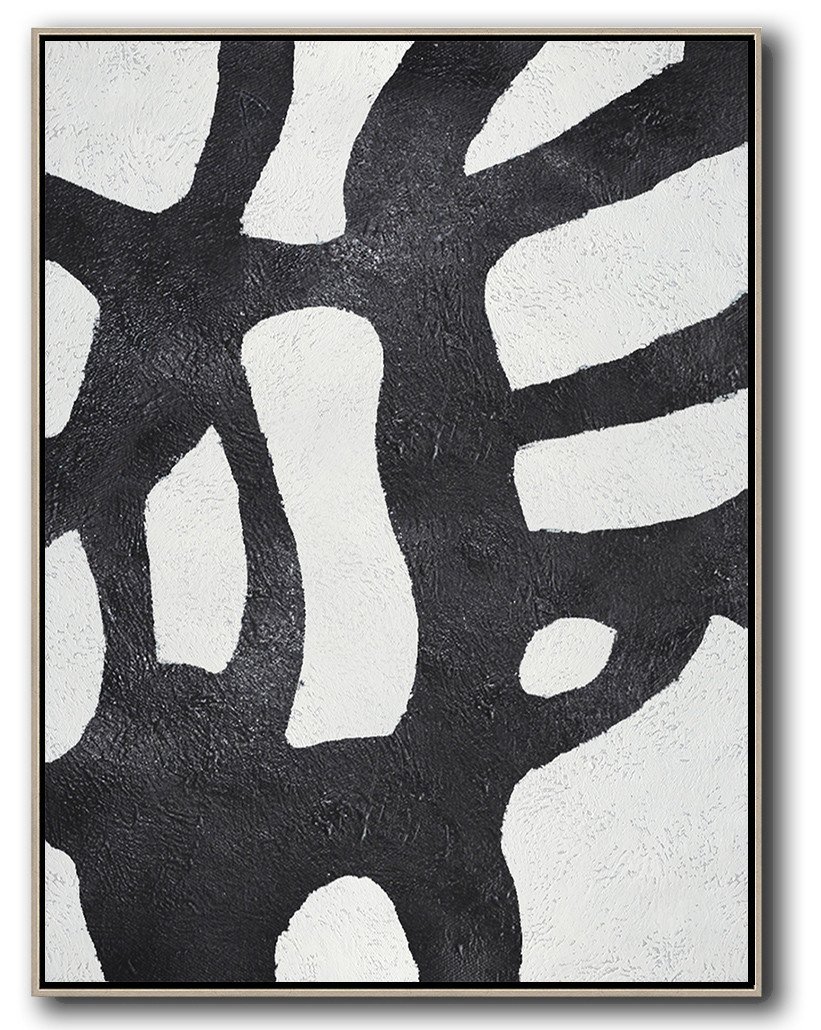 Hand-Painted Black And White Minimal Painting On Canvas - Art Gallery Websites Living Room Large